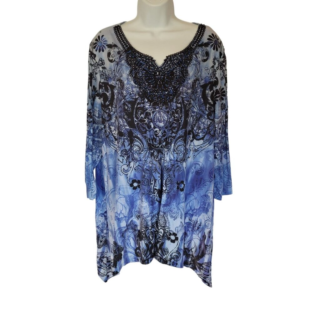 Simply Emma Tunic Top 2X Blue Black Beaded Crochet Neckline Empire Waist 3/4 Sle